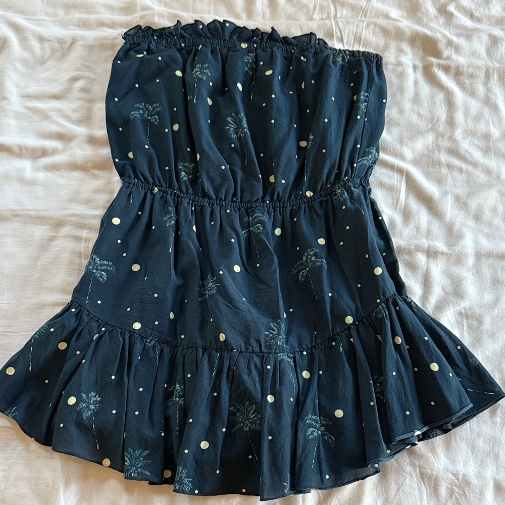 Sam & Lavi Dark Blue Strapless Dress with Palm and Dot Design